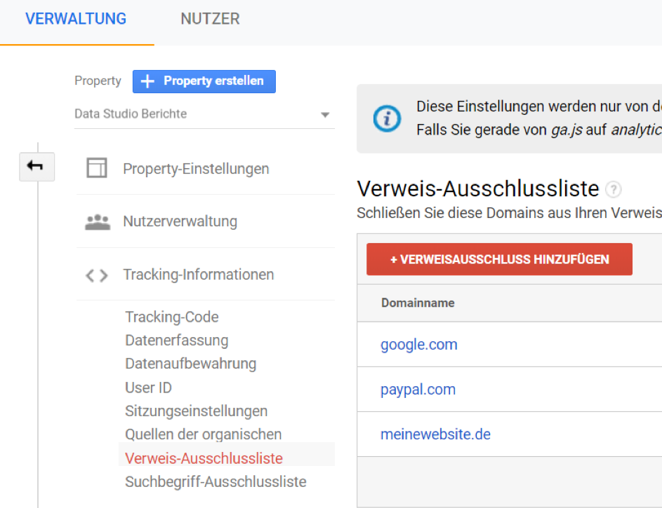 Google Analytics Tipp: Eigene Website auf Verweisausschlussliste