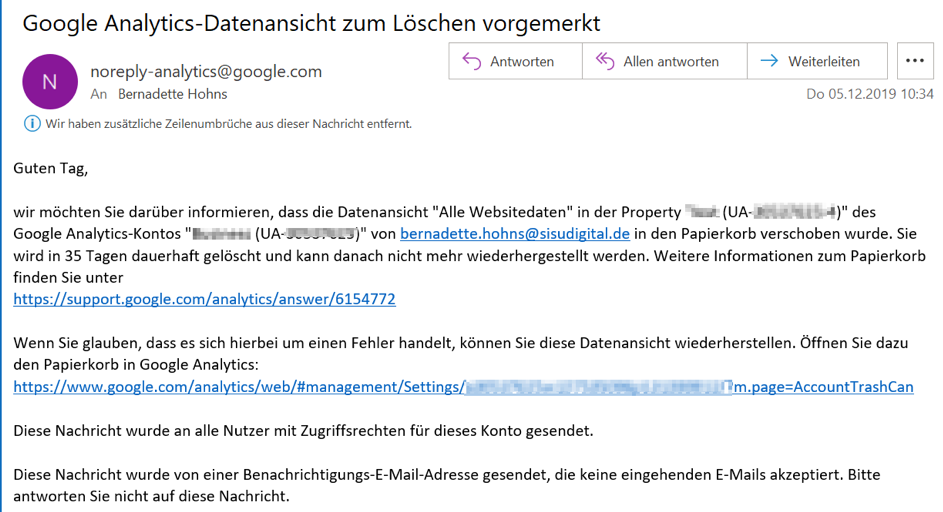 Google Analytics Tipps: Datenansicht löschen. Screenshot:  E-Mail Benachrichtigung nach Löschen einer Datenansicht: