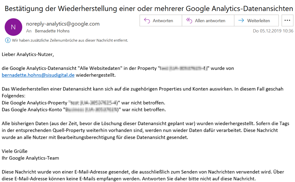 Google Analytics Tipps: Datenansicht löschen. Screenshot:  E-Mail Benachrichtigung Wiederherstellung einer Datenansicht: